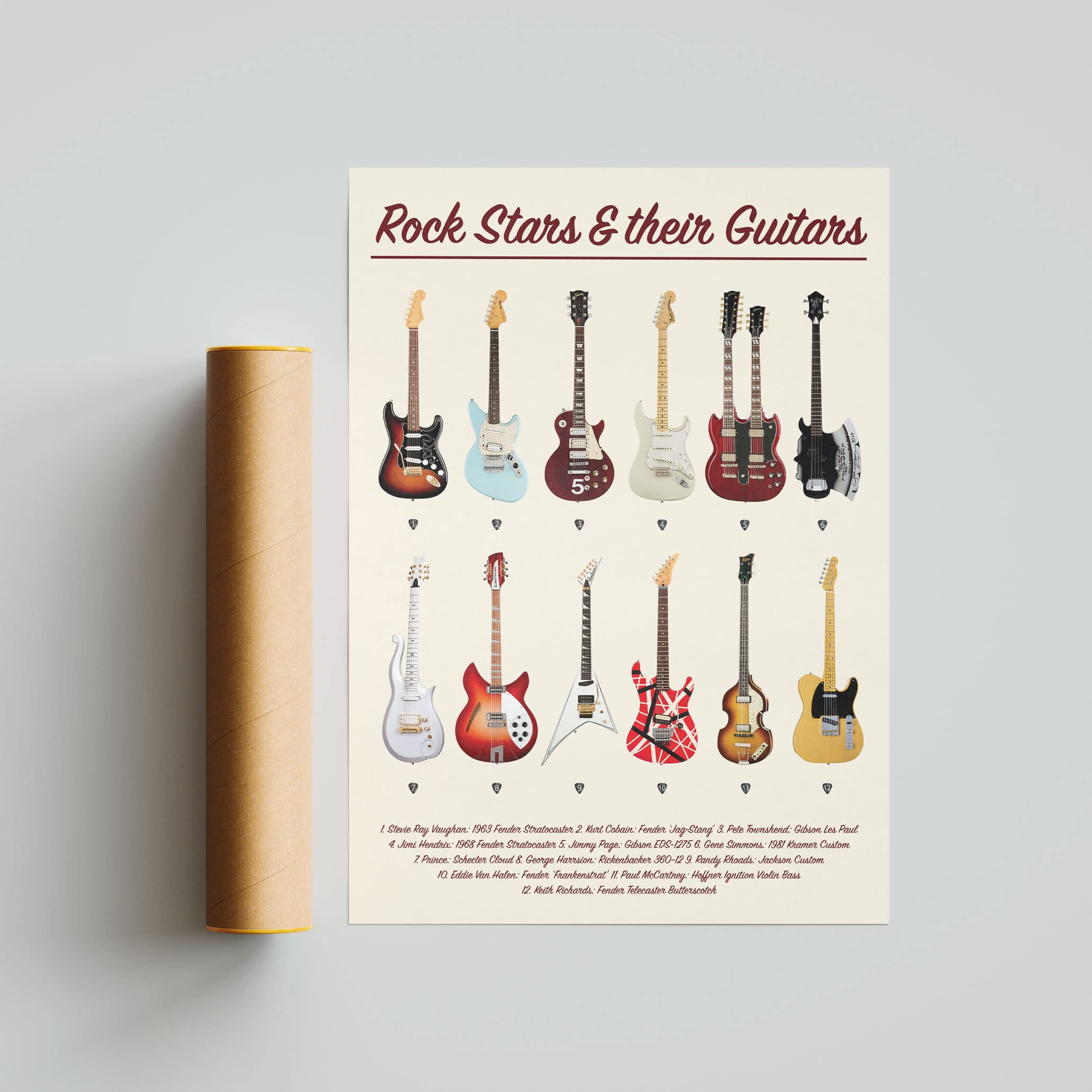 Rock Stars and their Guitars Poster | 12 Iconic Guitars Music Rock